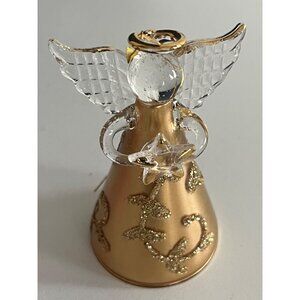 Handcrafted Glass Angel Ornament – Gold & Clear with Glitter Accents, Boxed Chri